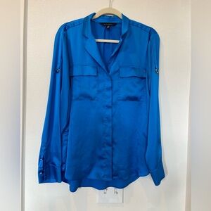 WHBM Satin Royal Blue Button Up Collared Long Sleeve Roll Tab Top Size M